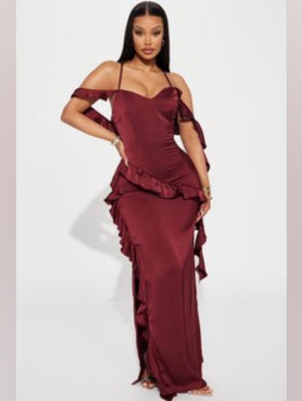 Elegant Burgundy Ruffle Evening Gown